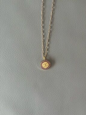 Vintage Chanel button Gold Pendant Necklace with Pink Crystal Halo